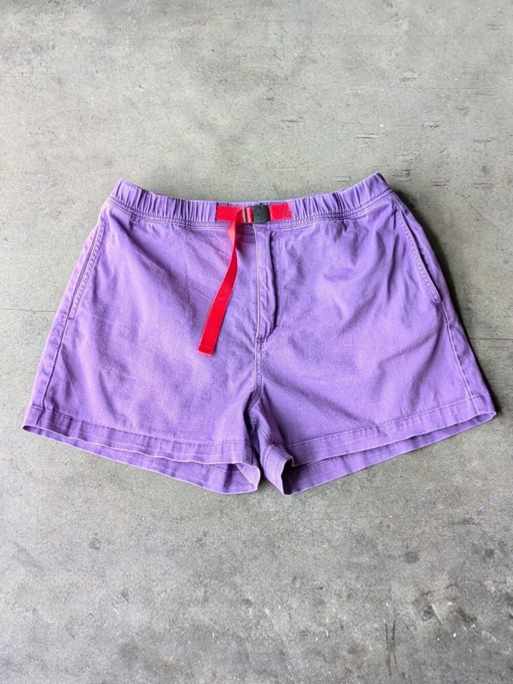 Topo Designs Women's Mountain Shorts Organic Cotton Purple with Red Belt large
